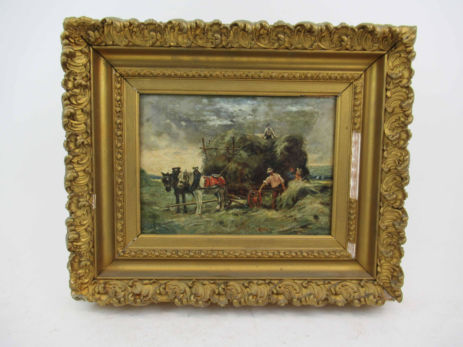 Oil On Canvas of Farmers Stacking Hay: Oil On Canvas of Farmers Stacking Hay with Horses with cart. Signed lower left JR 96. Used condition, chips to frame, framed size 13 1/4" x 10 3/4"