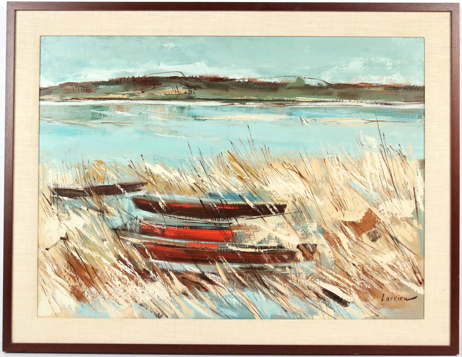 Oil on Canvas, Gaston Larrieu, Marsh with Boats: French (1908-1983) Entitled, "Barques Sur L'Etang De Leon". 20"h x 28"w