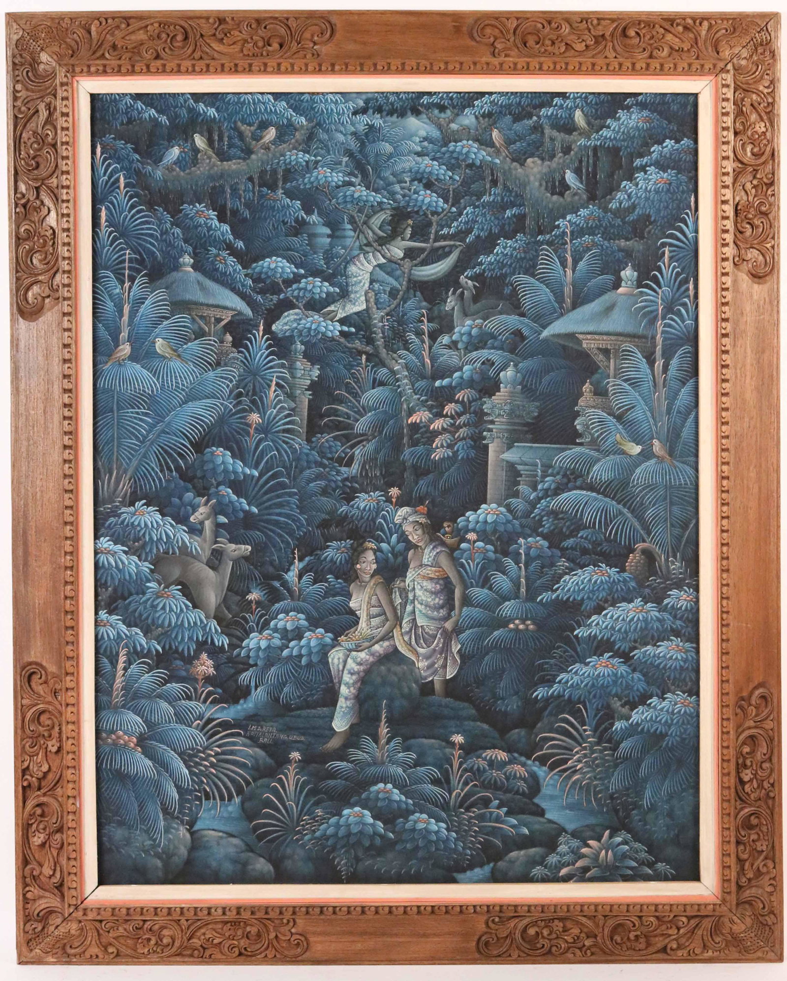 Painted Fabric, I.M.D Reta, Bali Jungle in Blues: Signed, " I.M.D. Reta. Katiklantang U Bud. Bali". Depicting the jungle with women, deer and birds. 34"h x 26"w