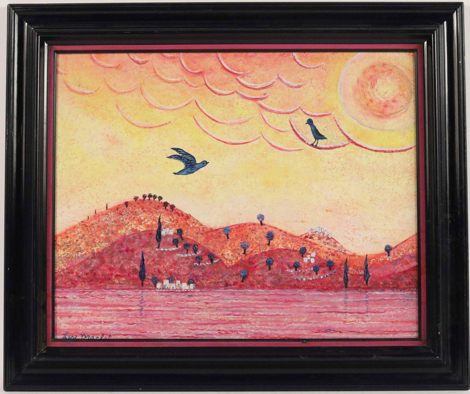 Oil on Board, Sunset Landscape, Lise Brachet: Late 20th C., signed l.l. "Lise Brachet". Sight size: 15"h x 19"w