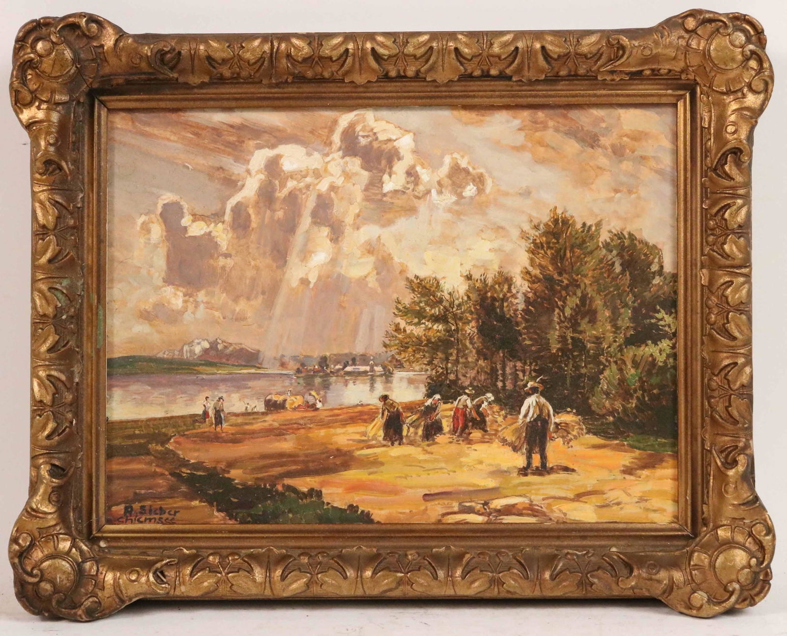 Oil on Board, Figures Harvesting Hay, A. Sieber (1 of 4)