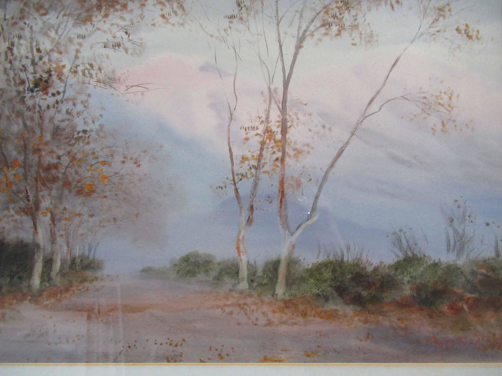 Mariano Otuzar "Fall Sunset" Watercolor: Mariano Otuzar "Fall Sunset" Watercolor. signed lower right M Ortuzar. Used condition, not examined outside frame. framed size 14 3/4" x 18"