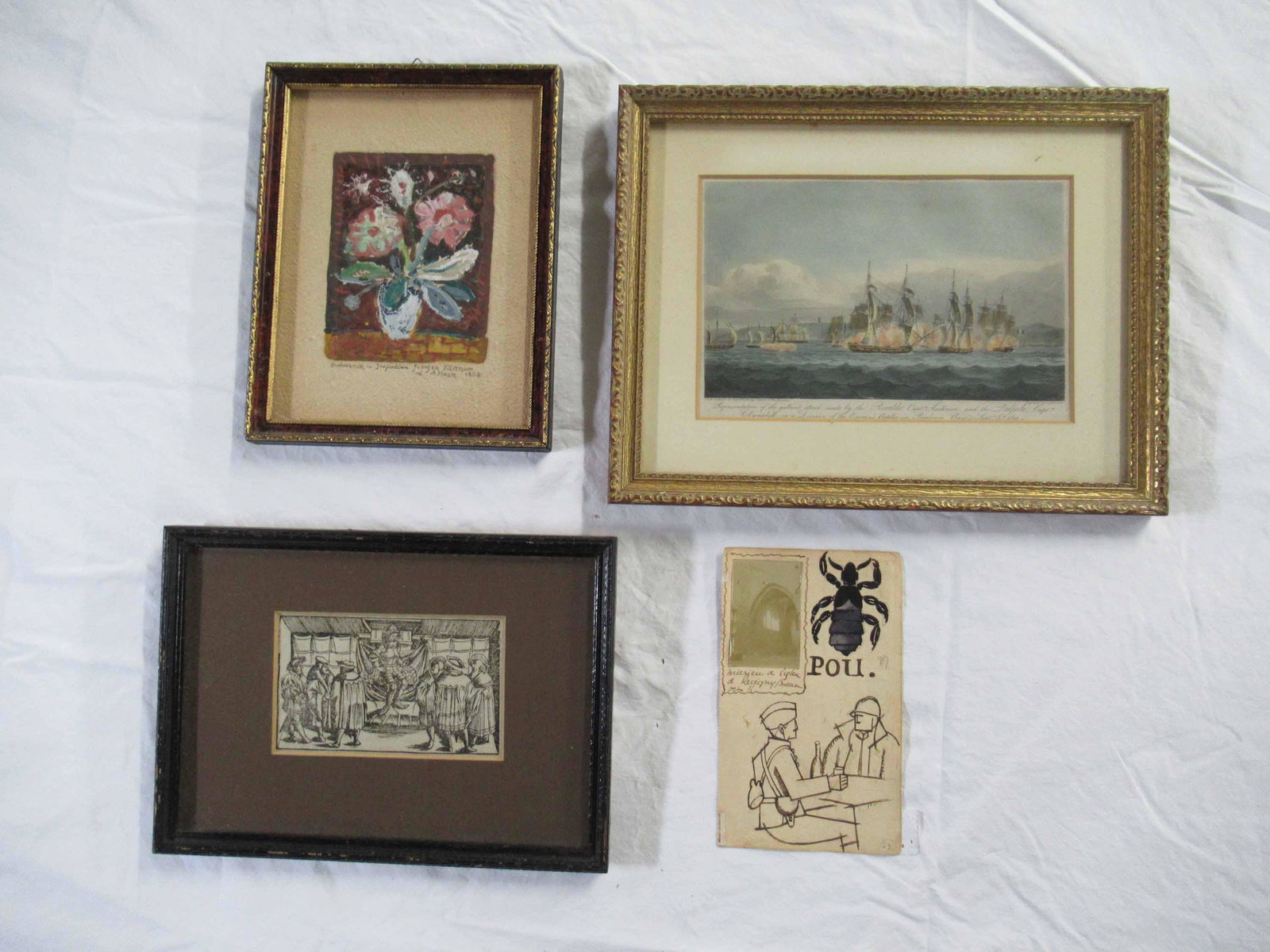 French Mixed Media Drawing of Soldiers: French Mixed Media Drawing of Soldiers. Together with an engraving depicting a cosmographic scene, handwritten verso artist and a floral still life signed and titled along bottom margin Georgea Kerman
