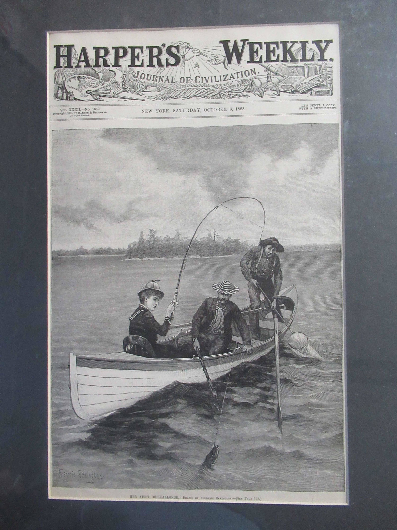 Two Pages of Harper's Weekly, Remington Images: Two Pages of Harper's Weekly, Frederic Remington Images. November 27, 1887 of college players at football and October 6, 1888 Her First Mouskallonge Matte size 14 1/2" x 20"