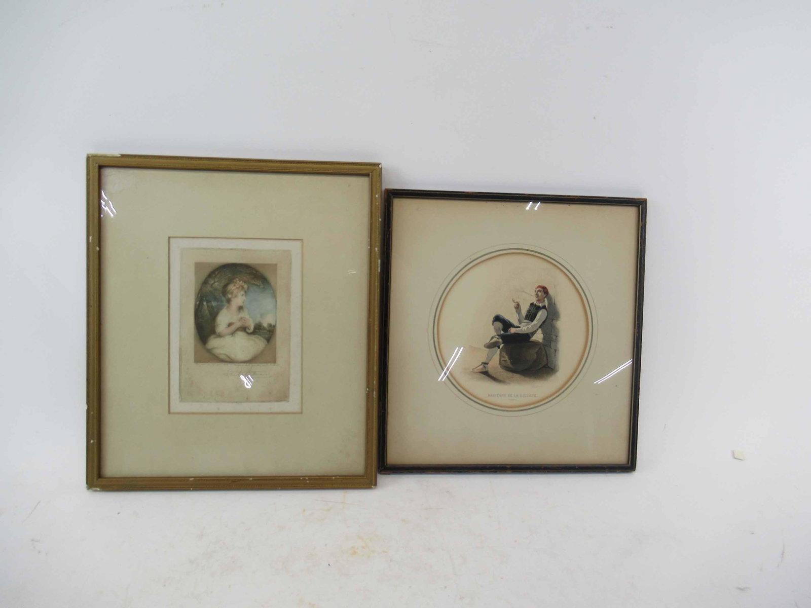French Engraving of Habitant de la Biscaye: French Engraving of Habitant de la Biscaye. Together with a French print of a blue eyed girl. Used Condition, wear, worn, stains, matte burn, foxing. Largest frame size 12 3/4" x 14 3/4"