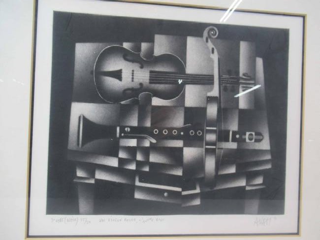 Print, Avanti, Cubist Style, "Un Violon Rouge": Print, Avanti, Cubist Style, "Un Violon Rouge". Framed size 21 1/4" x 18 1/4" and sight size 10"h x 13"w