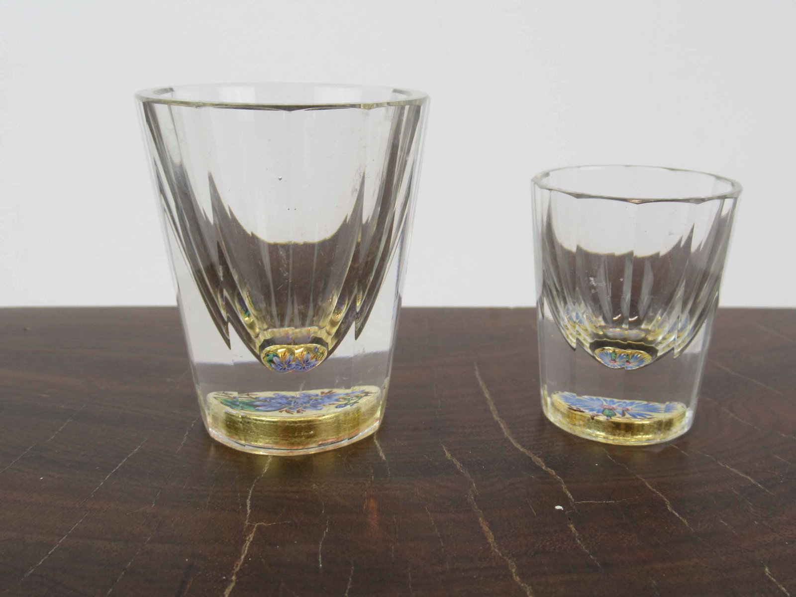 Two Antique Baccarat Millefiore Shot Glasses: Two Antique Baccarat Millefiore Style Shot Glasses. Unsigned, used condition, minor chips. 2.5"h and 2"h