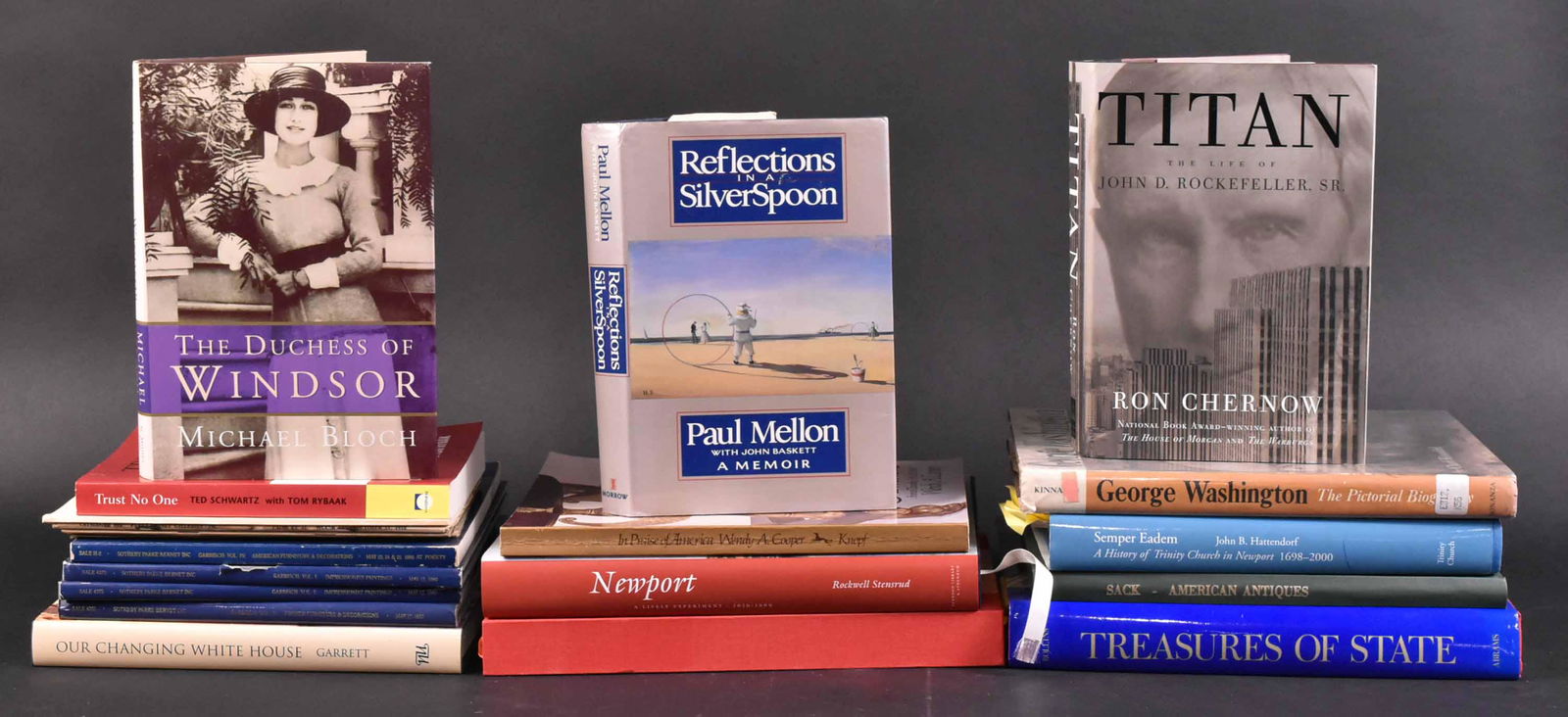 Group of Books: Comprising "Newport" by Rockwell Stensrud, "Titan" by Ron Chernow, "In Praise of America" by Wendy A. Cooper, "American Fancy" by Sumpter Priddy with personal inscription by the author, "Treasures of