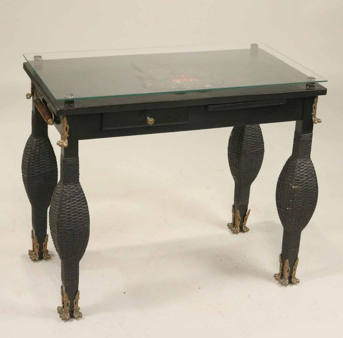 Chinese Glass-Top Ebonized and Rattan Side Table: With face inlay and handles on sides. Repairs where glass attached to base. 27-1/2"h x 32"w x 18-1/2"d