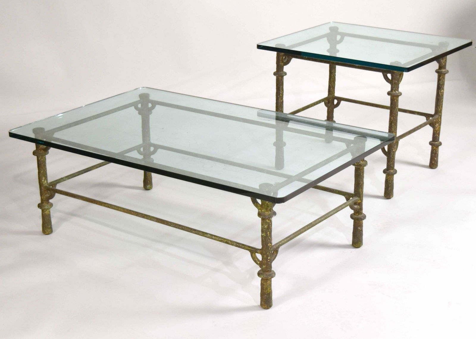 Two Modern Glass-Top Metal Low Tables: In the Giacometti Style, one square form and one rectangular. Apx. 22-1/2"h x 28"w x 24"d
