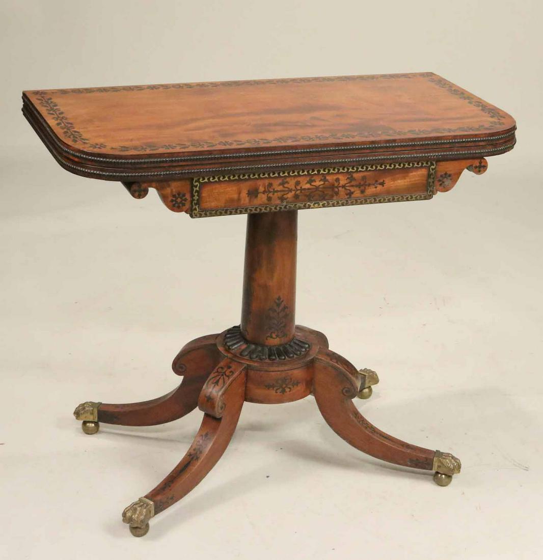 Regency Inlaid Mahogany Swivel-Top Games Table: English, early 19th C. opening to baize playing surface. Losses. 29-1/2"h x 34"w x 17"d