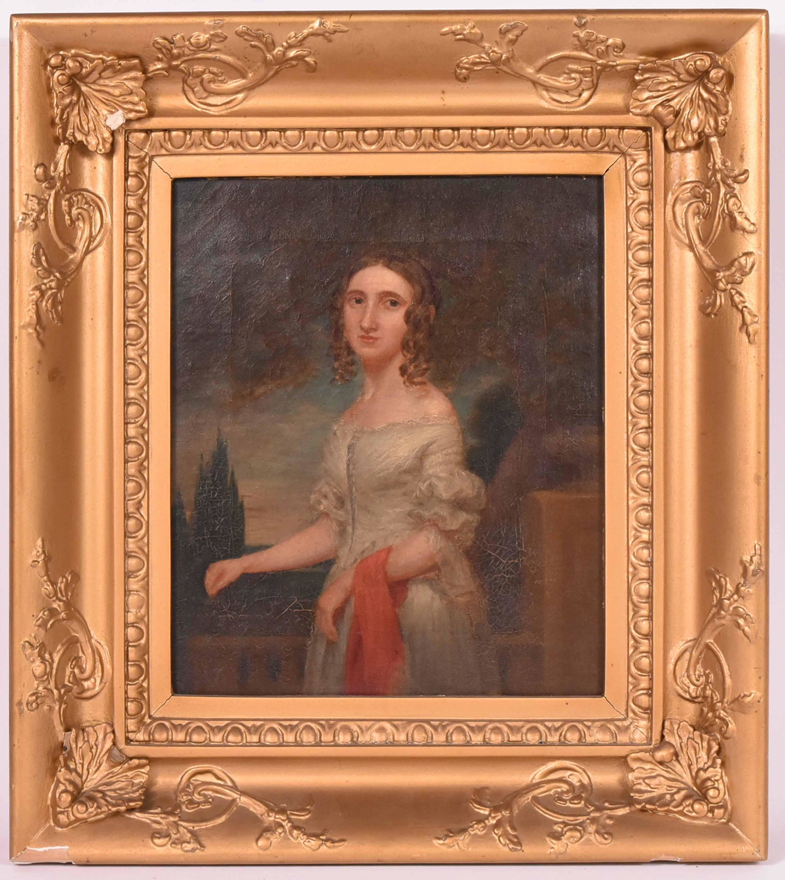 Oil on Canvas Portrait of a Young Girl: With red shawl. Appears unsigned. Label verso reads: John Mathieson 20 Redbrick Street Edinburgh. Size: 11 1/2"h x 9 1/2"w