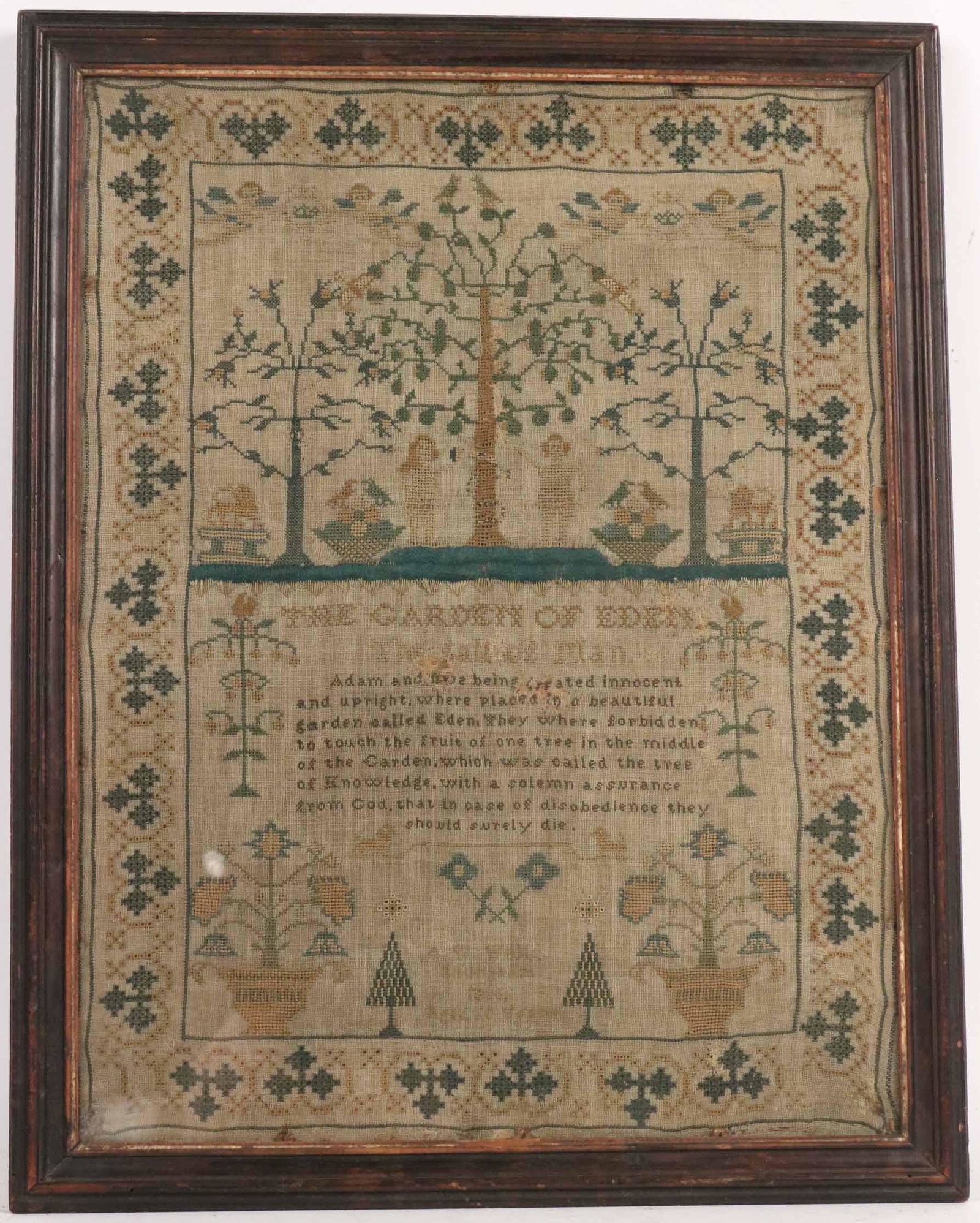 Needlework Sampler "the Garden of Eden": Signed "A.W. Wm., Gillingham, 1836." Size: 16 1/2"h x 12 1/2"w