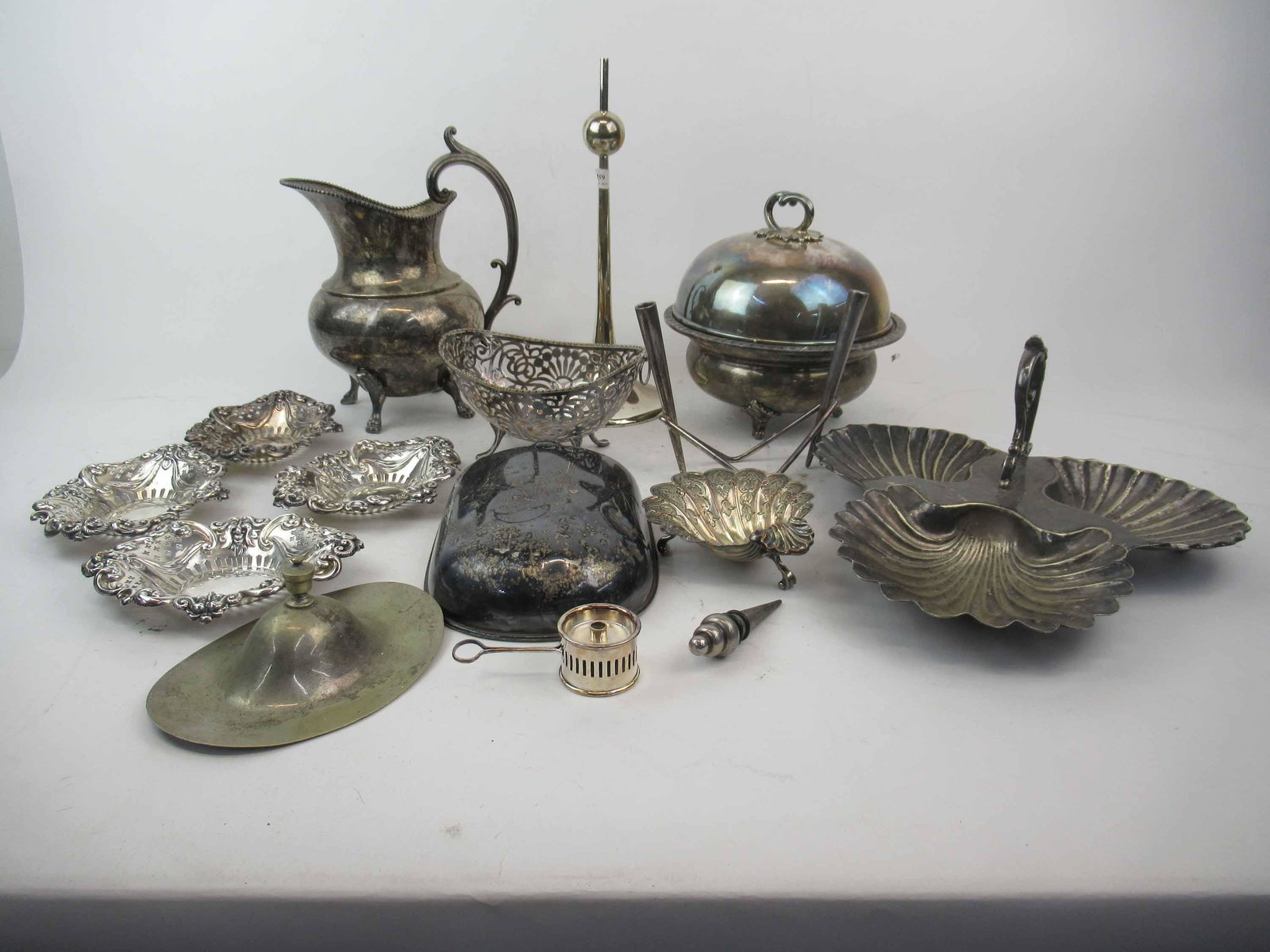 Group of Assorted Silver Plated Table Articles: Group of Assorted Silver Plated Table Articles. Used condition, wear, worn.