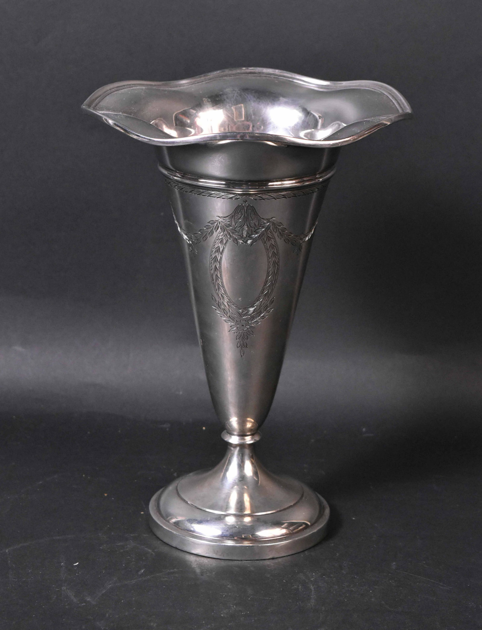 Webster Sterling Silver Weighted Trumpet Vase: Scalloped edge, swag decoration with oval vacant cartouche, 10"h.
