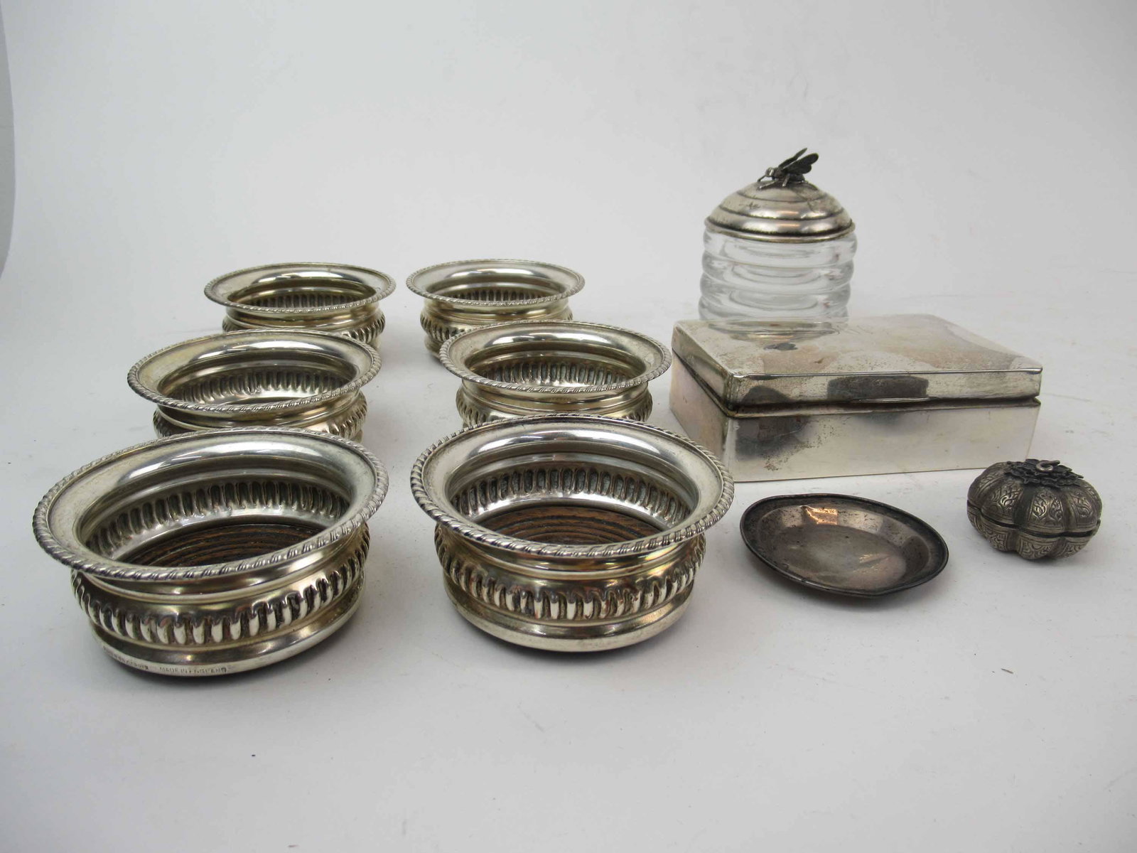 R. Blackinton Sterling Silver Honey Pot: R. Blackinton Sterling Silver Lidded Honey Pot. Together with six silver on copper diminutive caddy's, monogrammed, silver covered box with cedar lining, sterling silver nut dish and a squash form cov