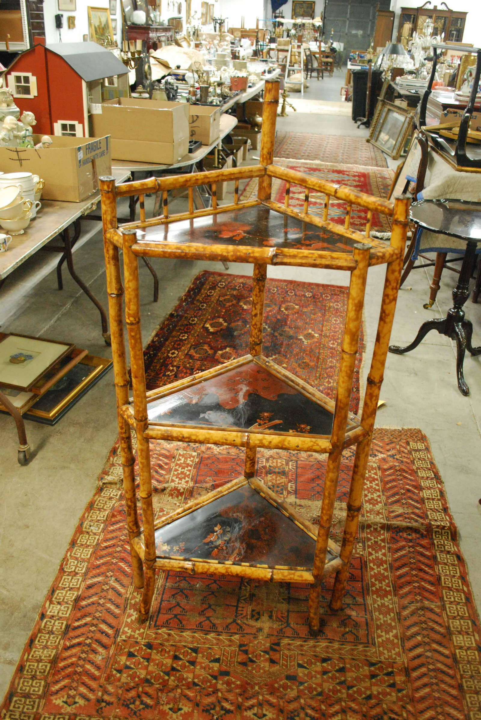 Asian Decorated Bamboo Corner Etegere: Asian Decorated Bamboo Corner Open Etegere. Used condition, wear, worn, 49" tall x 22" wide x 16" deep