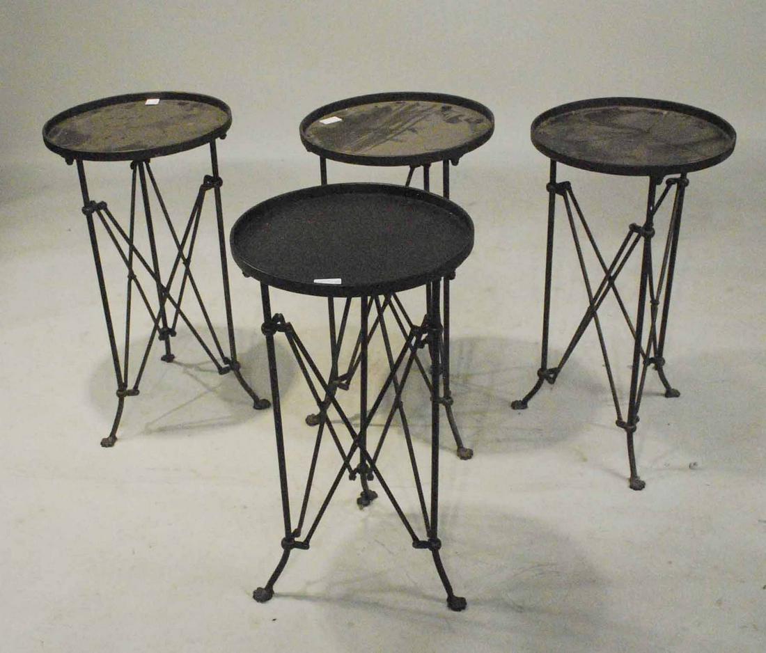 Four Patinated Metal Round Side Tables: Areas of losses and distress, overall good condition. 26"h x 14-1/2"dia.