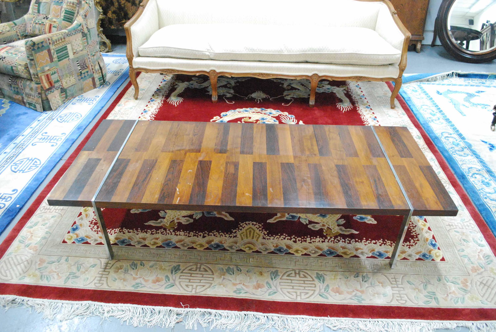 Two Mid-Century Chrome and Wood Tables by Lane: Two Mid-Century Chrome and Wood Tables by Lane. One is a coffee table the other is a side table. Condition: Used, wear, worn, surface distress.