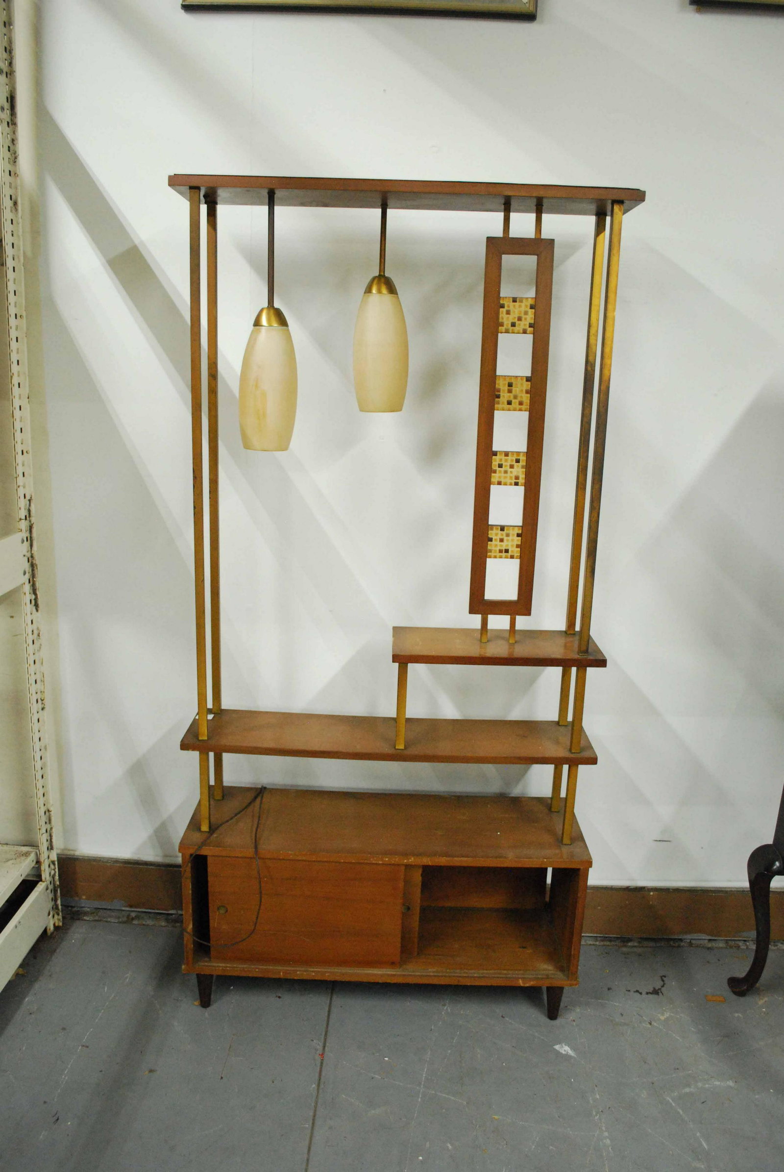 Two Light Modern Wall Bookcase Unit: Two Light Modern Wall Bookcase Unit. Used condition, wear, worn, surface distress, nicotine residue. 72" tall x 36" x 12" deep