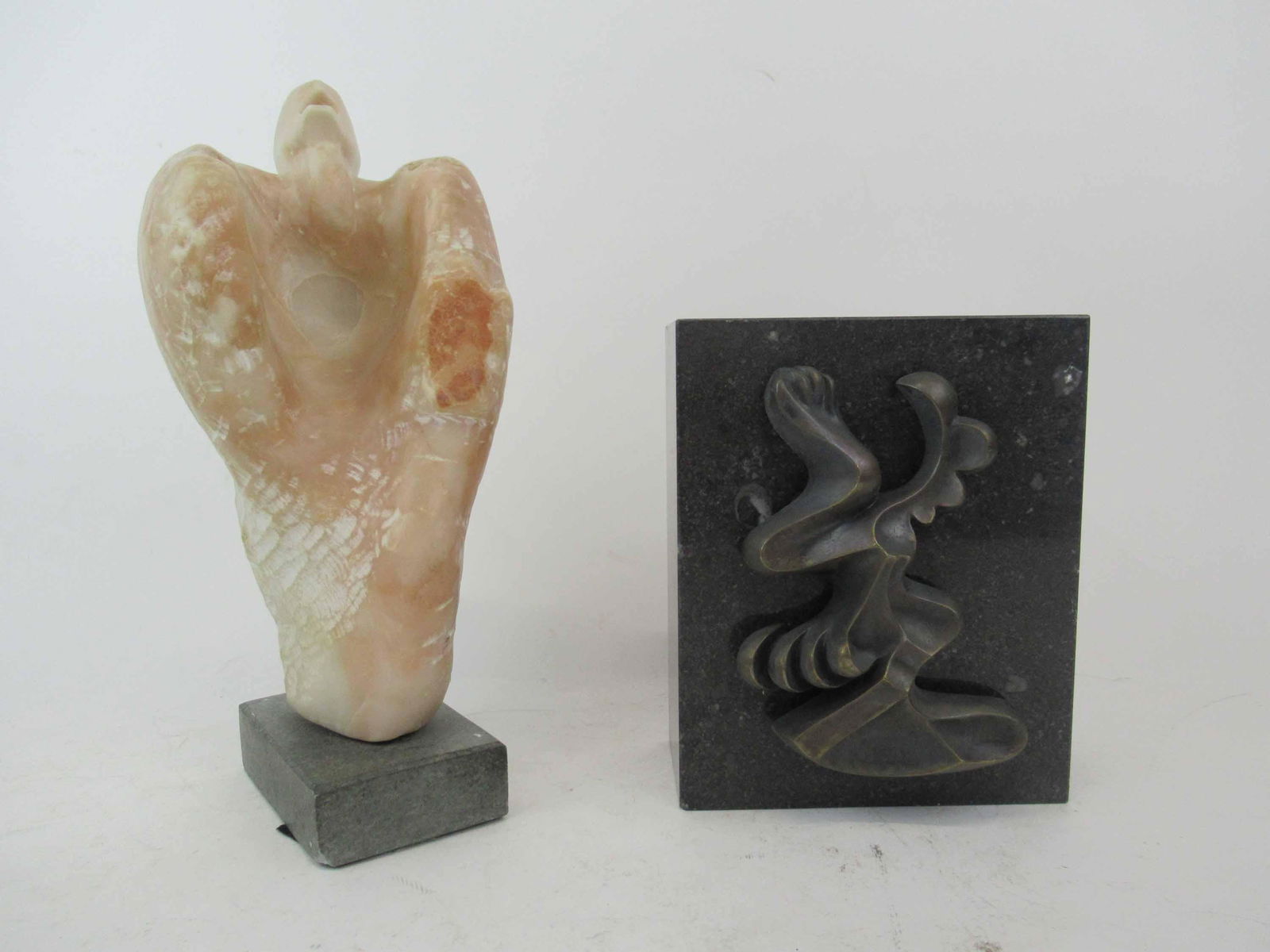 Modern Bronze Abstract Sculpture: Modern Bronze Abstract Sculpture Mounted on Granite. Together with a modern soap stone figure of screaming figure, Used condition, wear, worn, scratches. Soap stone 12" tall x 4 3/4" deep x 6" wide