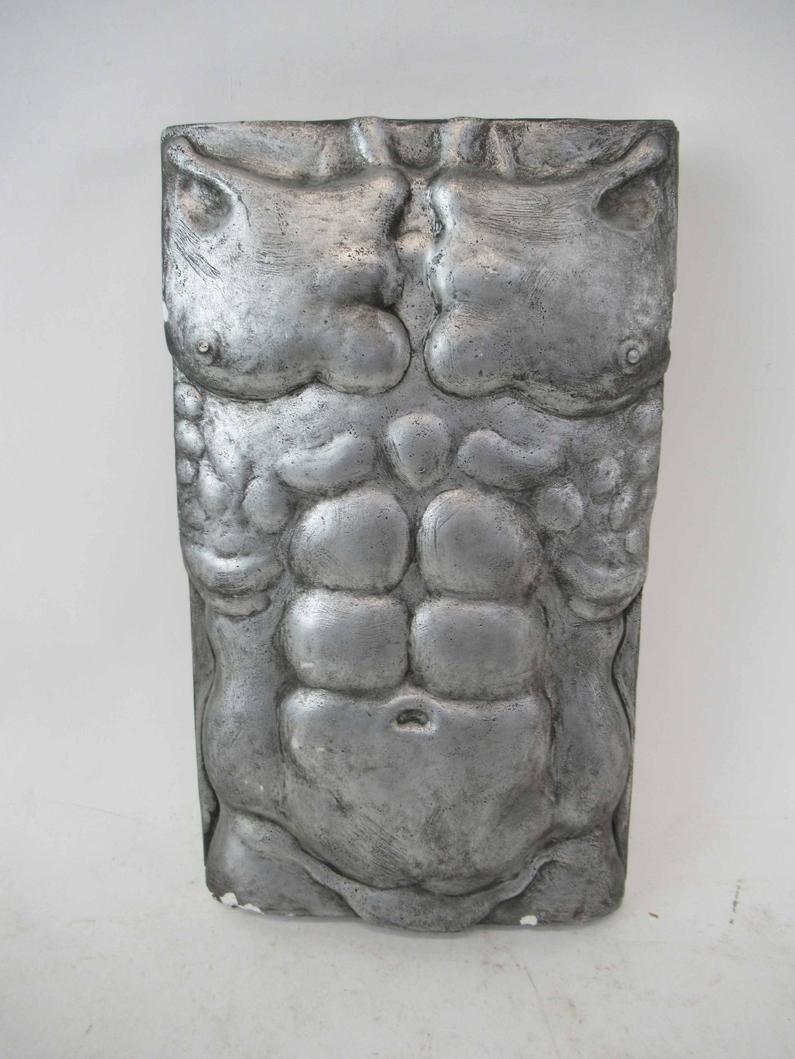 Modern Plaster Sculpture of Male Torso: Modern Plaster Sculpture of Male Torso signed Verdun 05. Used condition. painted silver, wear, worn, some surface distress and chips.