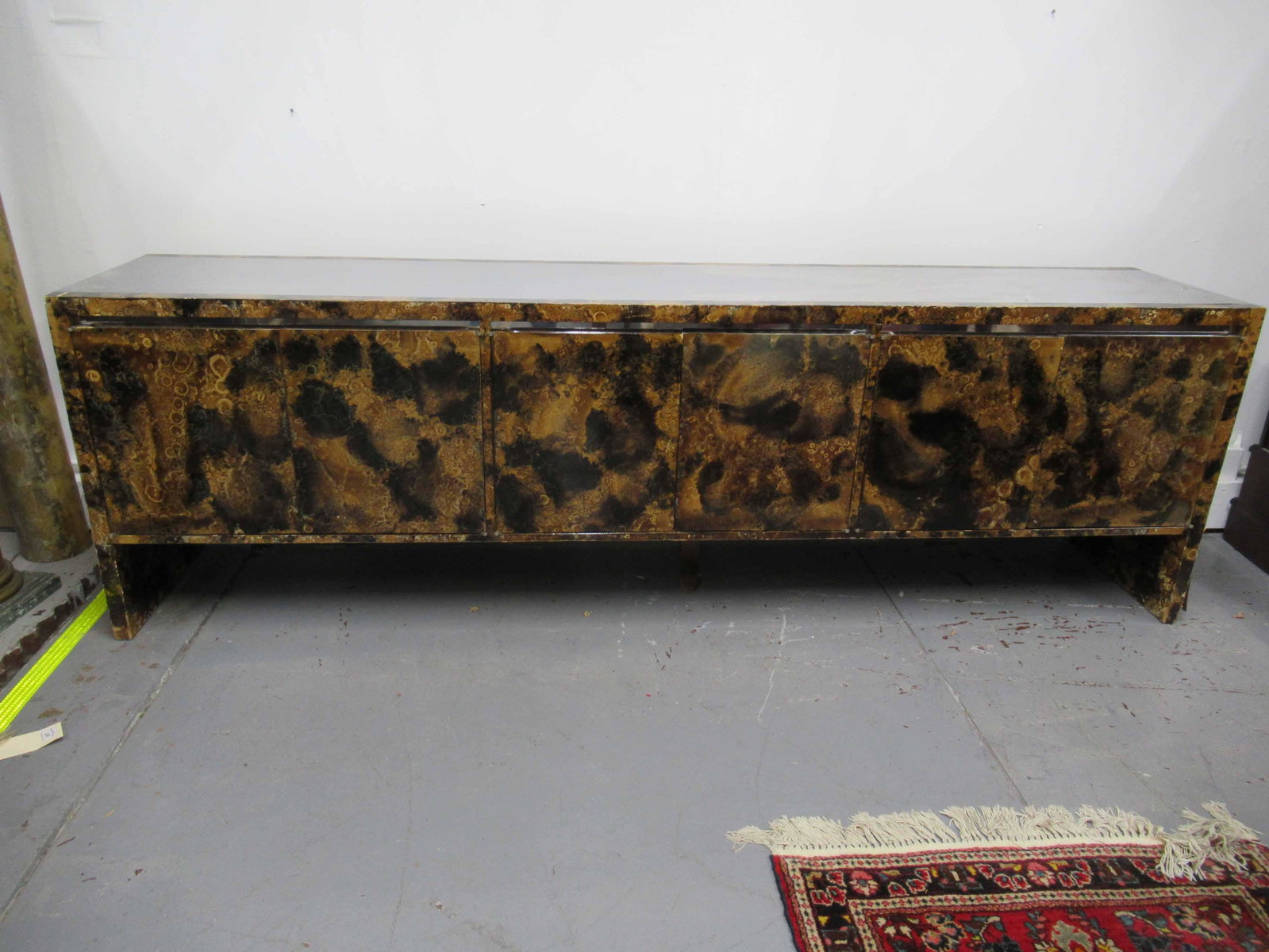 Modern Faux Marbleized Sideboard Cabinet: Modern Faux Marbleized Sideboard Cabinet having central stainless steel sides and top. Used condition, wear, worn, loose sides, scratches. 94" long x 19" deep x 29 1/4" tall
