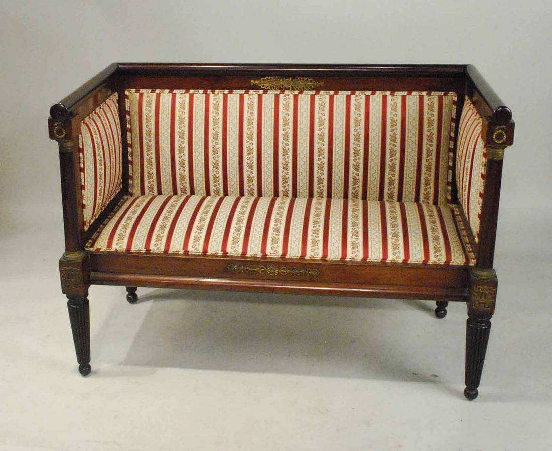 Empire Style Mahogany Settee: With floral striped upholstery. Some wear and losses. 35-1/2"h x 4'1"w x 24-1/2"d