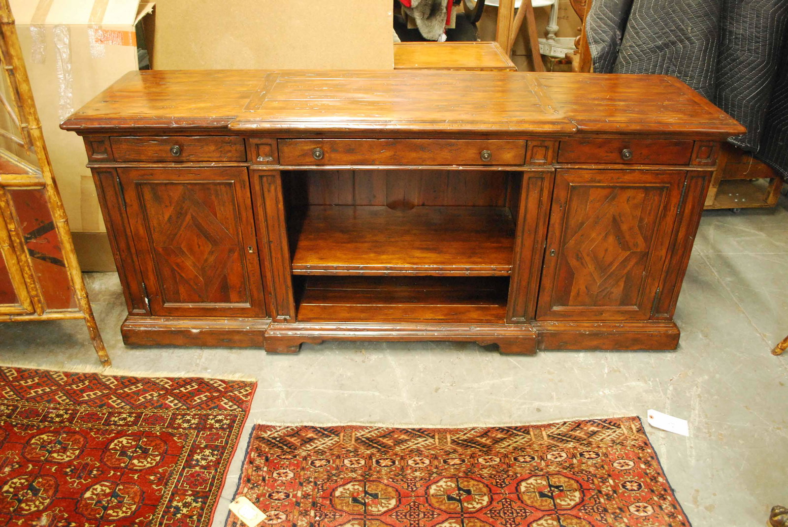 Theodore Alexander Castle Bromwich Side Cabinet: Theodore Alexander Castle Bromwich Side Cabinet. Used condition, wear, worn, dings. 72 1/2" long x 21 1/2" wide x 31 1/2" tall