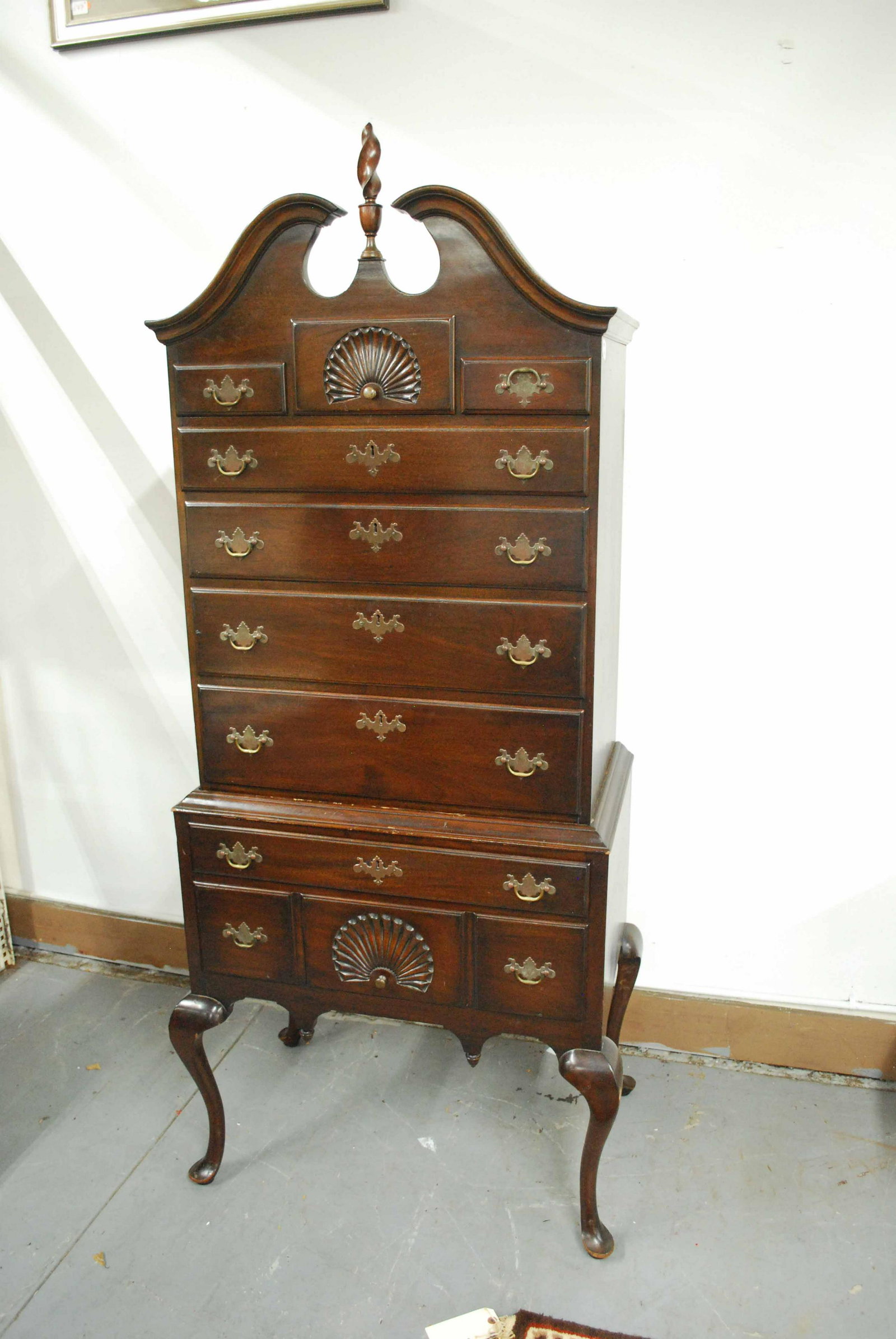 Queen Anne Style Mahogany Two Part Highboy Chest: Queen Anne Style Mahogany Two Part Highboy Chest. Used condition, wear, worn, surface distress, scratches, broken finial. 74" tall x 21" wide x 32 1/2" long
