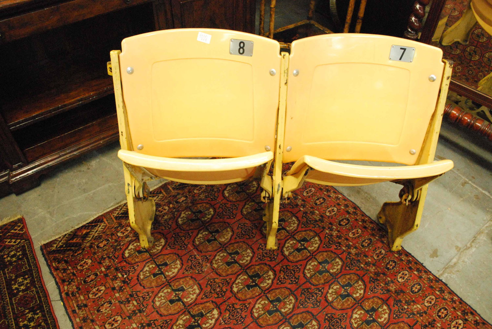 Pair of Vintage Soldier Field Seats: Pair of Vintage Football Stadium Seats possibly from Soldier Field Chicago, retired in 2003, by American Seating. Used condition, wear, worn, heavily sun faded. 40" wide x 29" tall