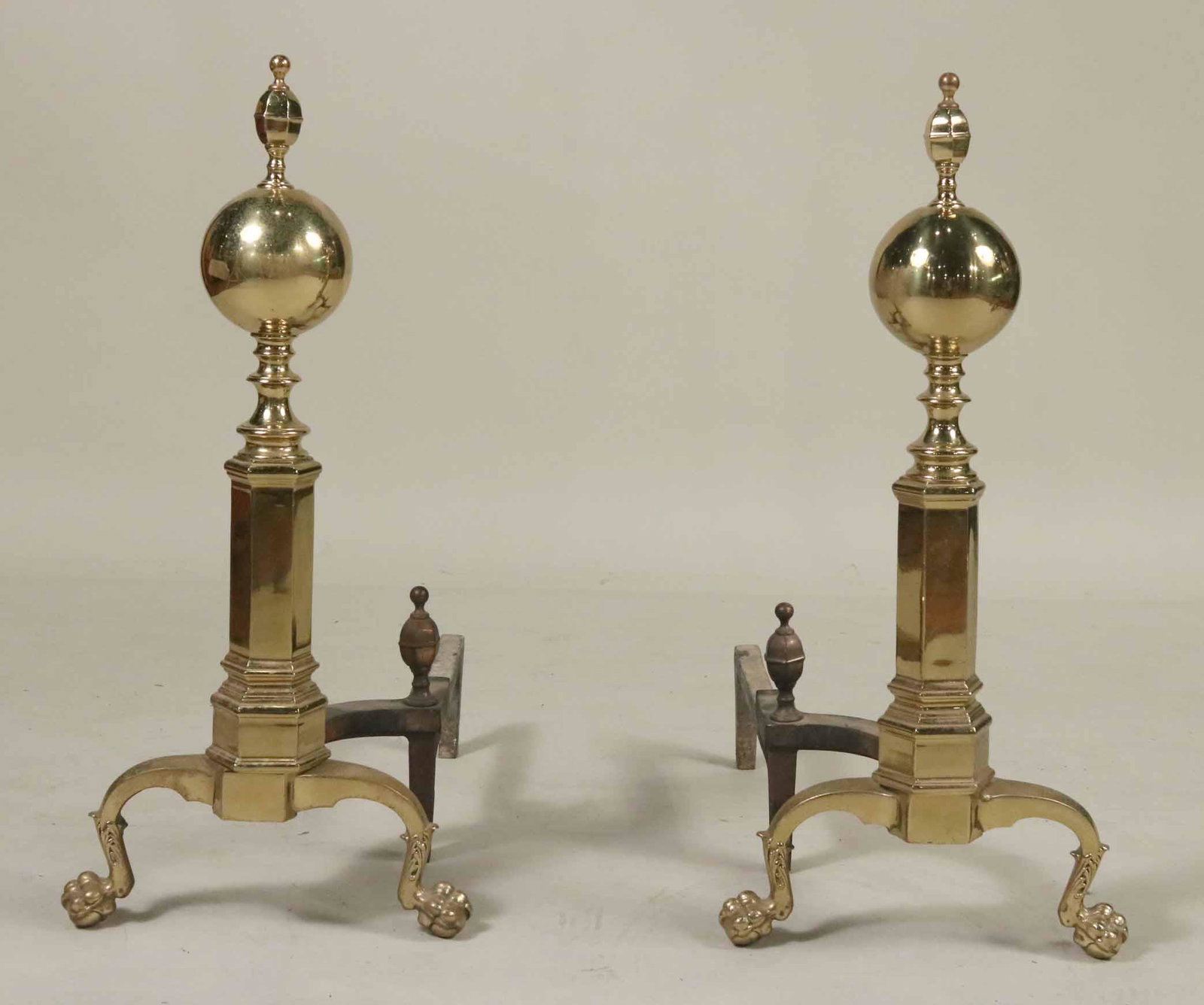 Pair of Brass Ball-Form Andirons: Of Impressive size. 28"h x 13-1/2"w x 25"d