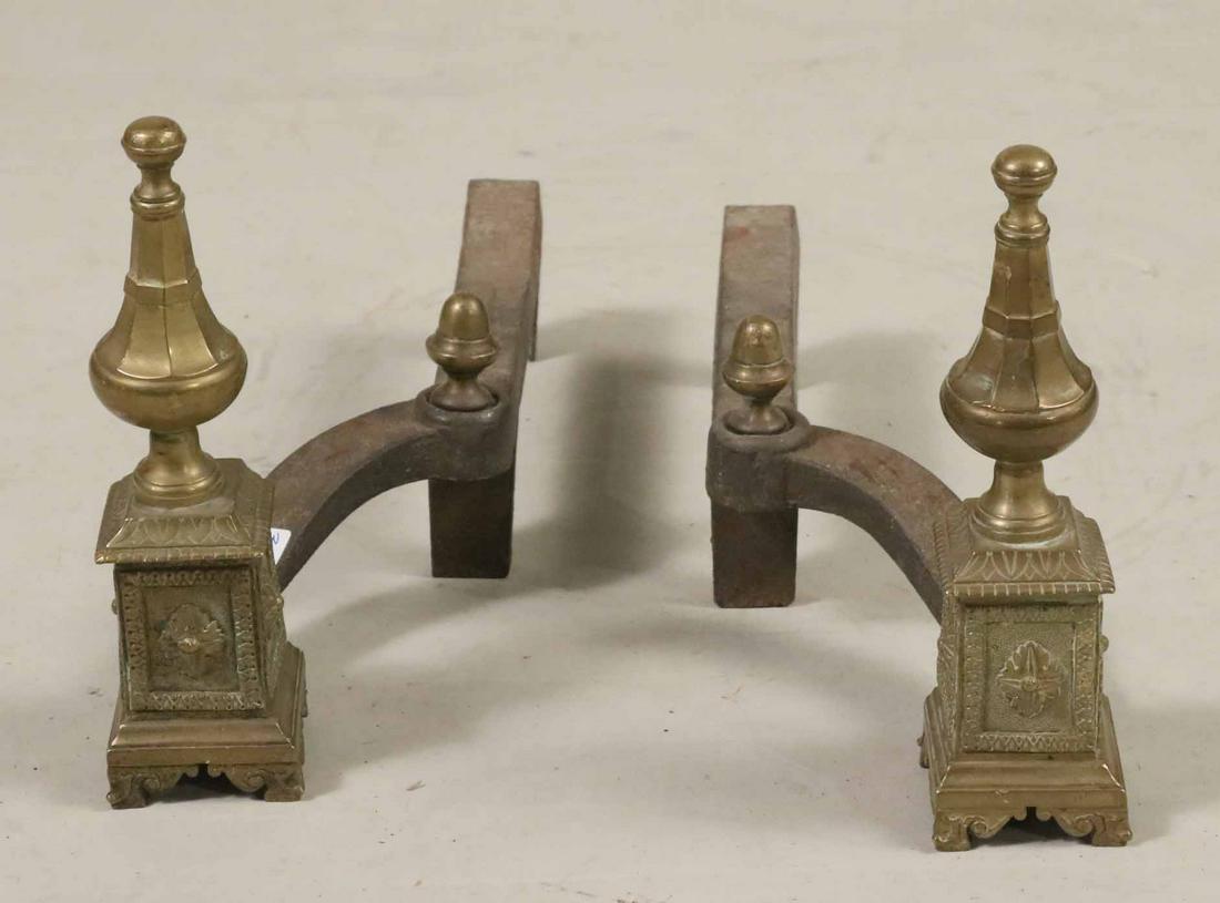 Pair of Cast-Brass Diminutive Andirons: Pair of Cast-Brass Diminutive Andirons 19th C. 10-1/2"h x 6"w x 17"d