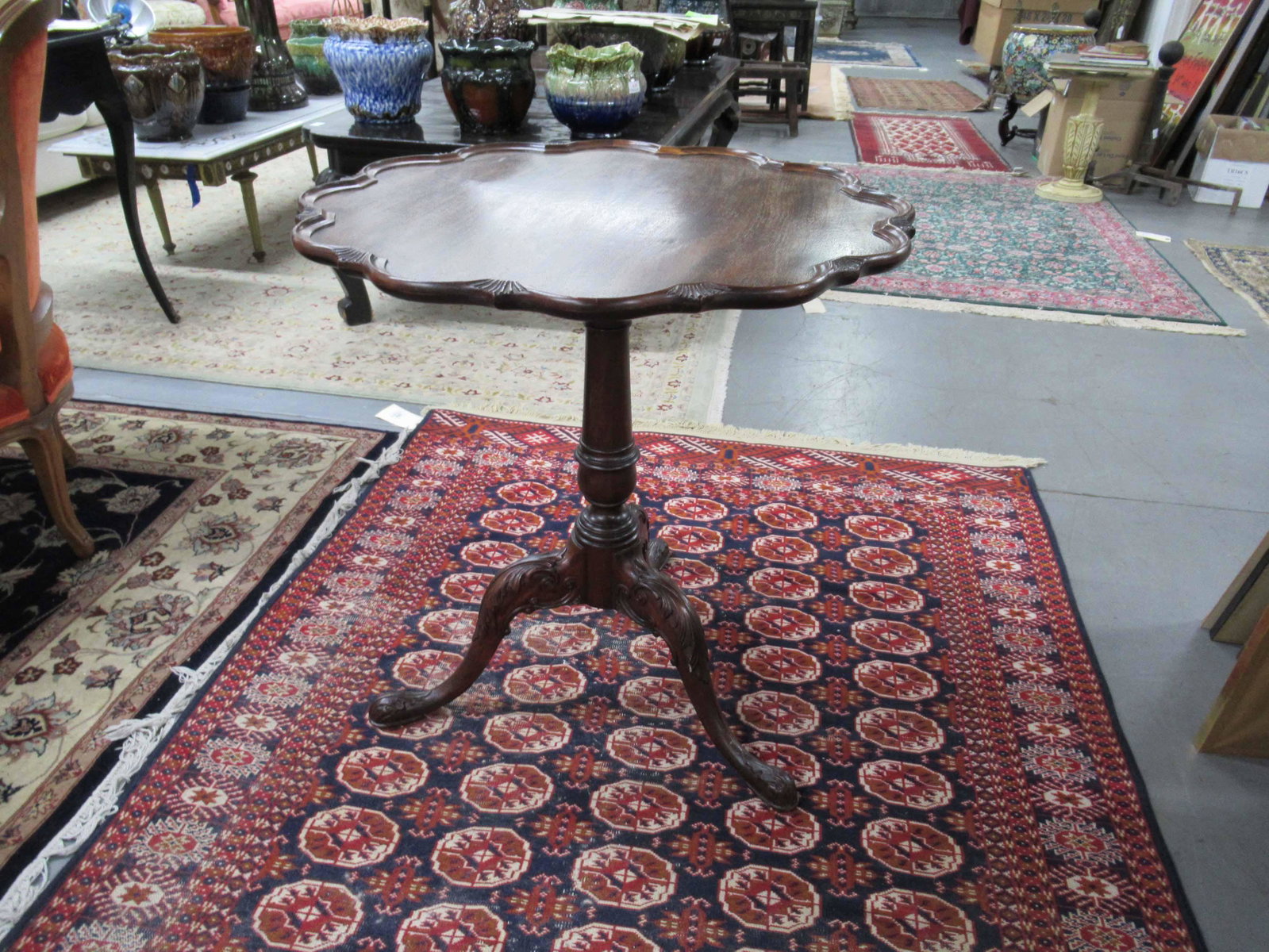 Chippendale Style Scalloped Top Tea Table: Chippendale Style Scalloped Top Tea Table 20th C. Used condition , stains, Minor wear. 28"h x 26-1/2"dia.