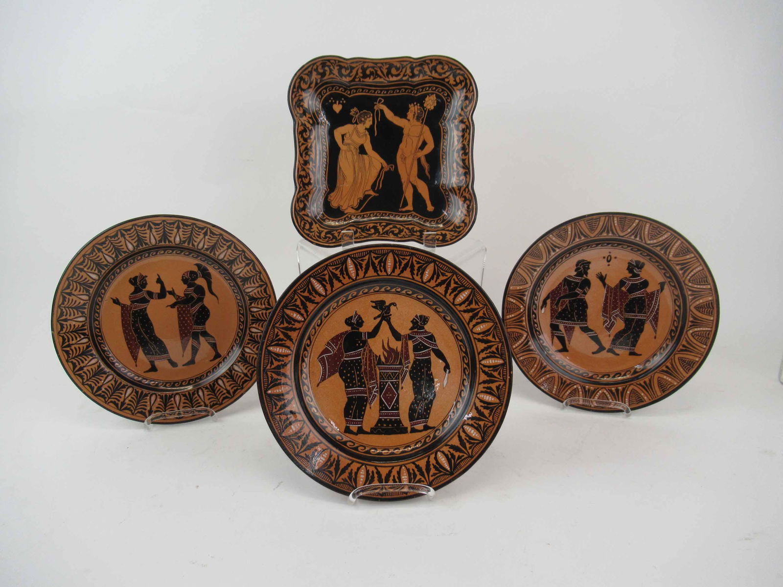 Set of 3 Giustiniani Etruscan Redware Plates: Set of 3 Giustiniani Etruscan 19th c. Redware Plates each marked on verso IN for Naples and with incised mark. Together with a matching square plate also marked on verso. Used condition, some minor ch