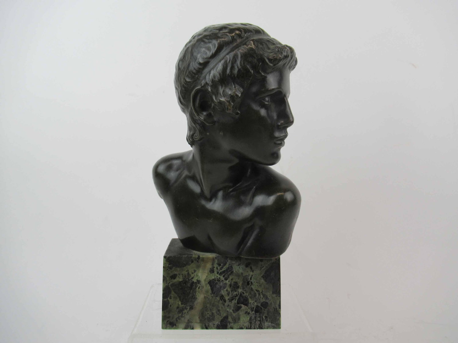 Bronze Constant Roux Young Achilles Bust: Bronze Constant Roux Young Achilles Bust mounted on a base . Used condition, some scratches, chips to base. 10" tall includes base x 6" wide
