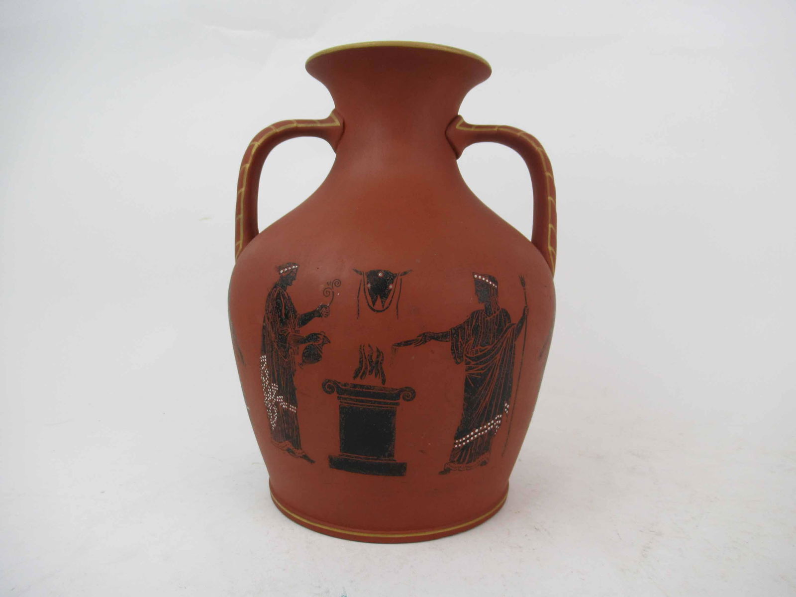 Redware Greek Amphora Double Handled Vase: Redware Greek Amphora Double Handled Vase with gilt decorated handles and rim. Unmarked, used condition, chips to base, paint loss. 9 1/2" tall x 7" diameter.