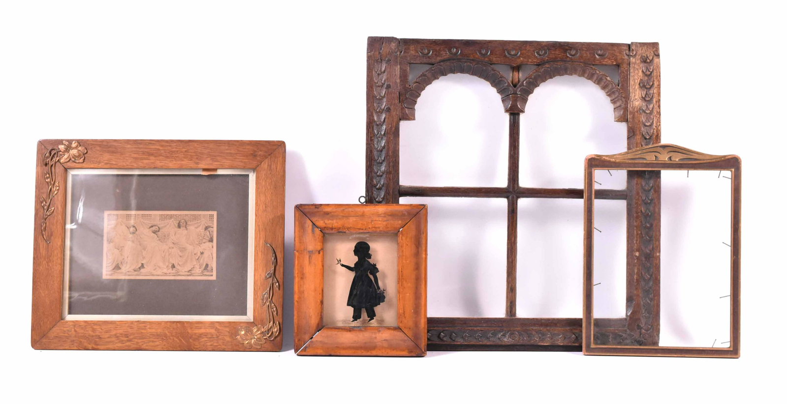 Egolmise Portrait of a Girl with Basket: Together with a vintage print of four reclining women. Also including a carved oak window pane and a vintage picture frame fragment. 4"h x 3"w