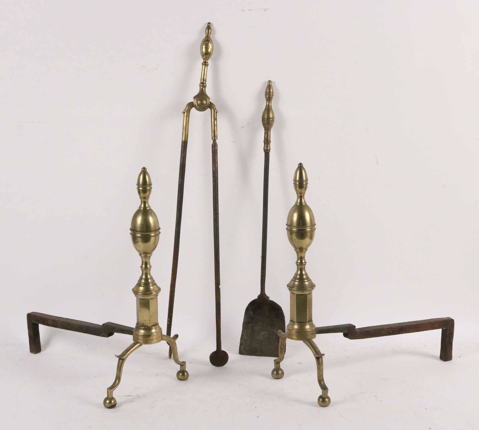 Pair Fireplace Brass Andirons and Tools: Size: 18"h
