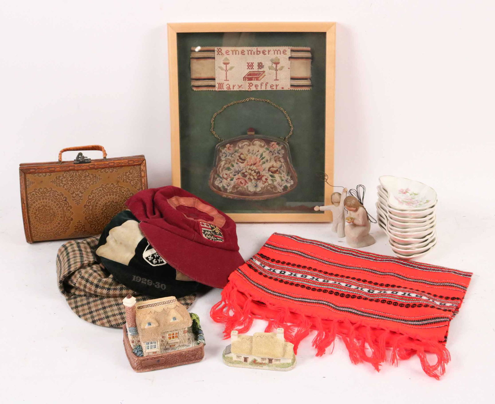 Shadow Box Mounted Petit Point Evening Bag: Together with a group of decorative articles including a wooden cricket stick, three vintage hats, a wooden purse, ten porcelain salad plates, an English Memory Lane Cottage and a Yeoman's Farm House 