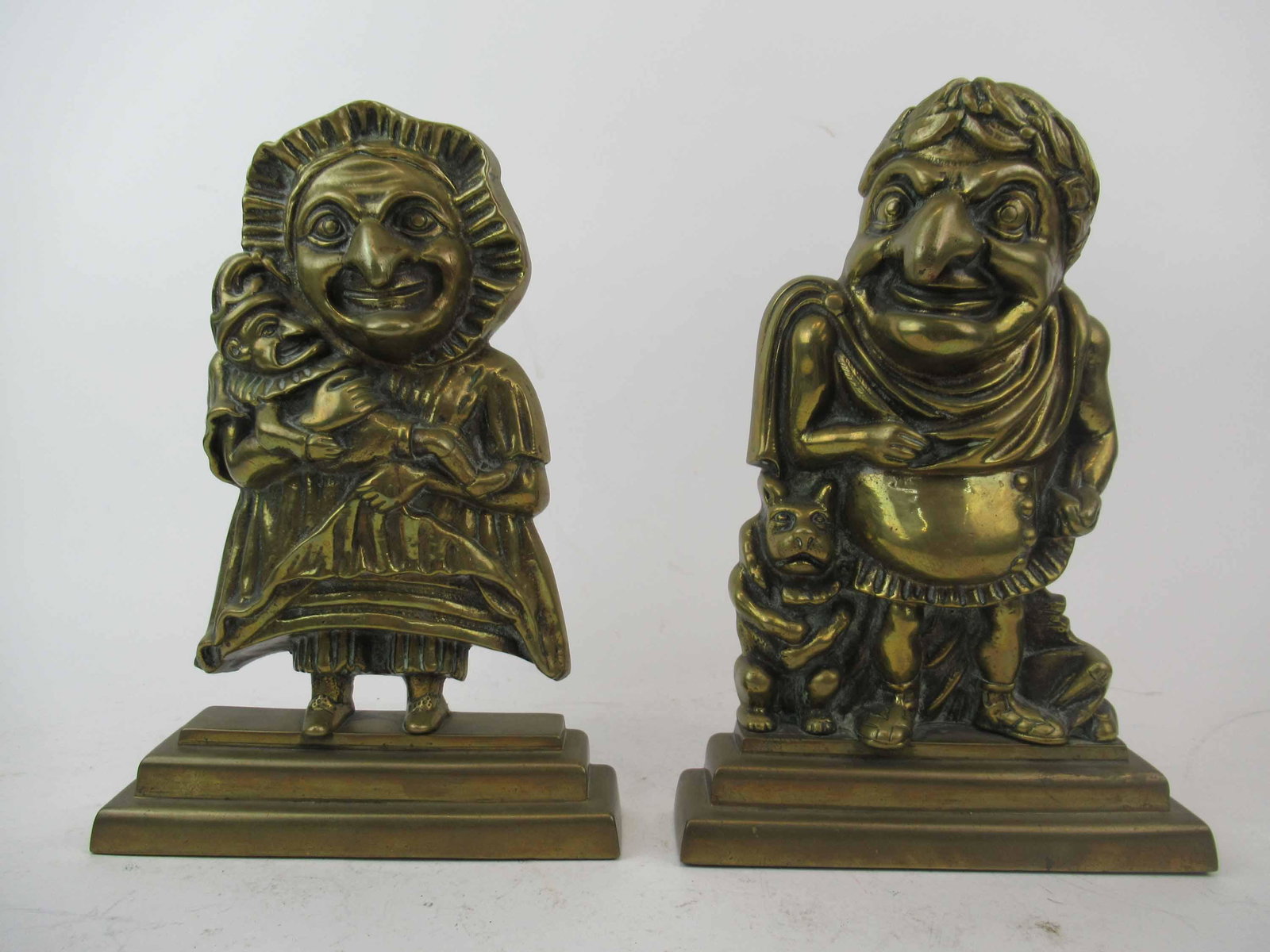 Pair of Brass Punch and Judy Door Stops: Pair of Brass Punch and Judy Door Stops with weighted bases. Used condition. 12" tall x 8" long