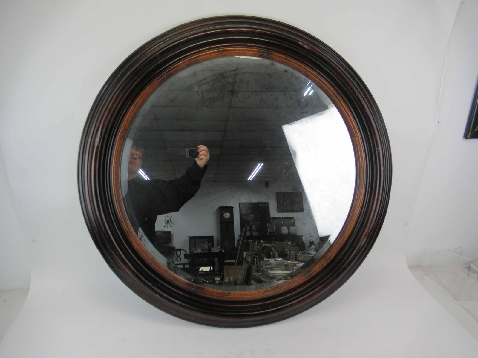 Maple Dark Stained Milling Road by Baker Mirror: Maple Dark Stained Milling Road by Baker Mirror. Condition: Used., wear, worn, dings. 36" diameter.