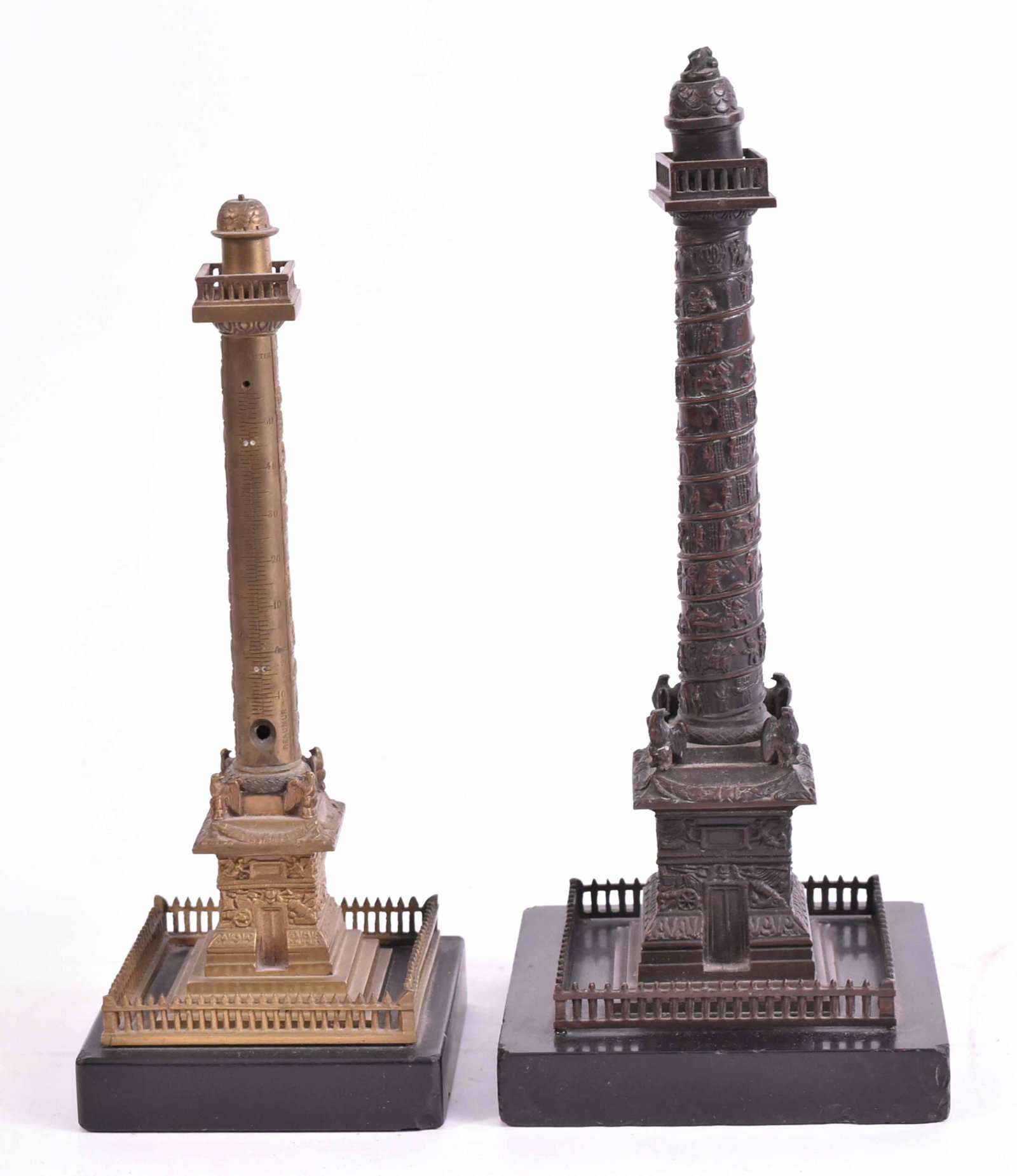 Two Bronze Grand Tour Trajan's Column Models: French, 19th/20th C., both lacking part of finials, one fitted as a thermometer. 9-1/2"h and 10-3/4"h