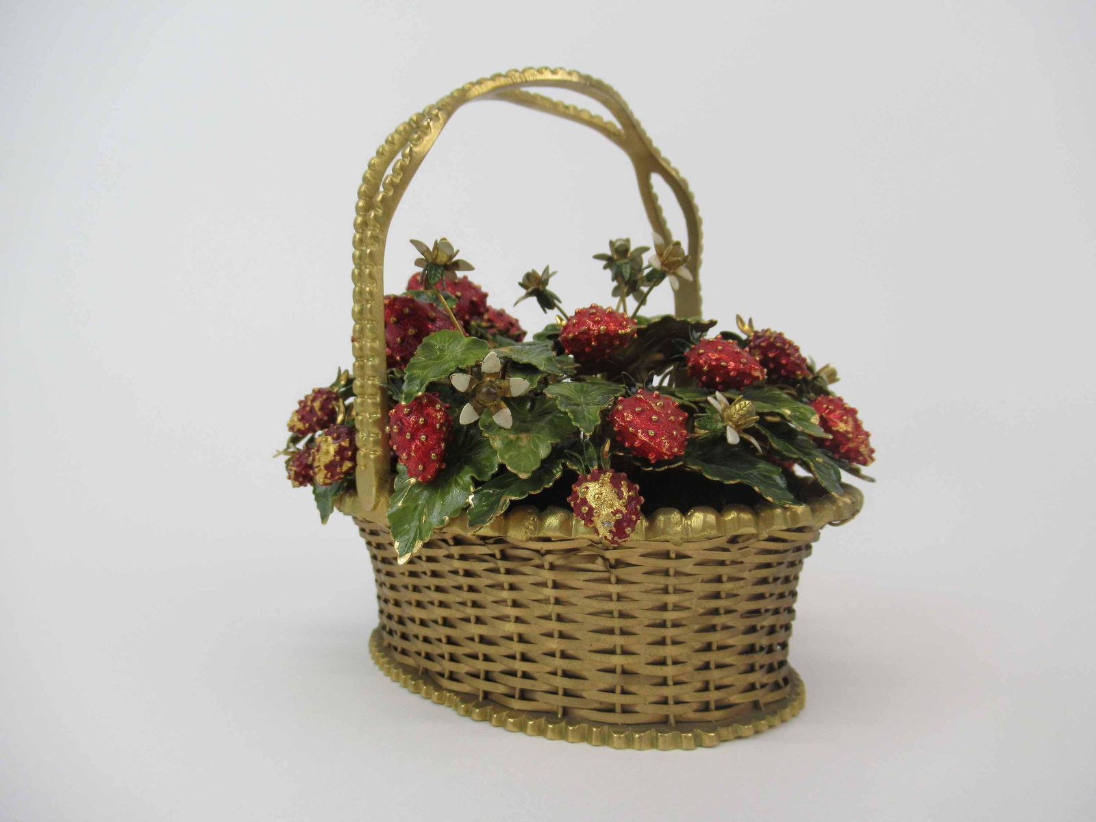 Gorham Fleurs de Siecles Strawberry Basket: Gorham Fleurs de Siecles Strawberry Basket, Designed by Jane Hutcheson with enamel over gold plate. Unmarked. Used condition, wear, worn, enamel wear, some strawberry's broken 6" long x 6" tall
