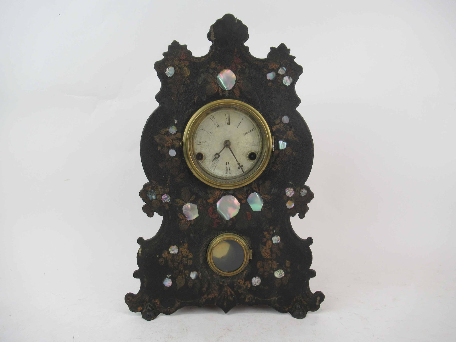 Antique A. Weed Victorian Mother of Pearl Mantle: Antique A. Weed Victorian Mother of Pearl Mantle Clock. Used condition. Unknown working condition. no. American clock Manufactures #25 on John Street. 16" tall x 11" wide x 4" deep
