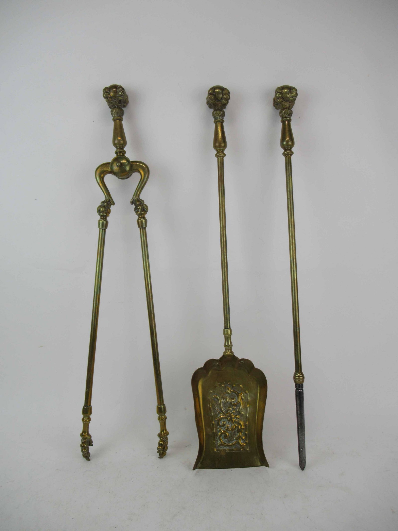 Set of Brass Ball & Claw Fire Tools: Set of Brass Ball & Claw Fire Tools. Including, shovel, poker and fire tongs. Used condition. shovel 26" long