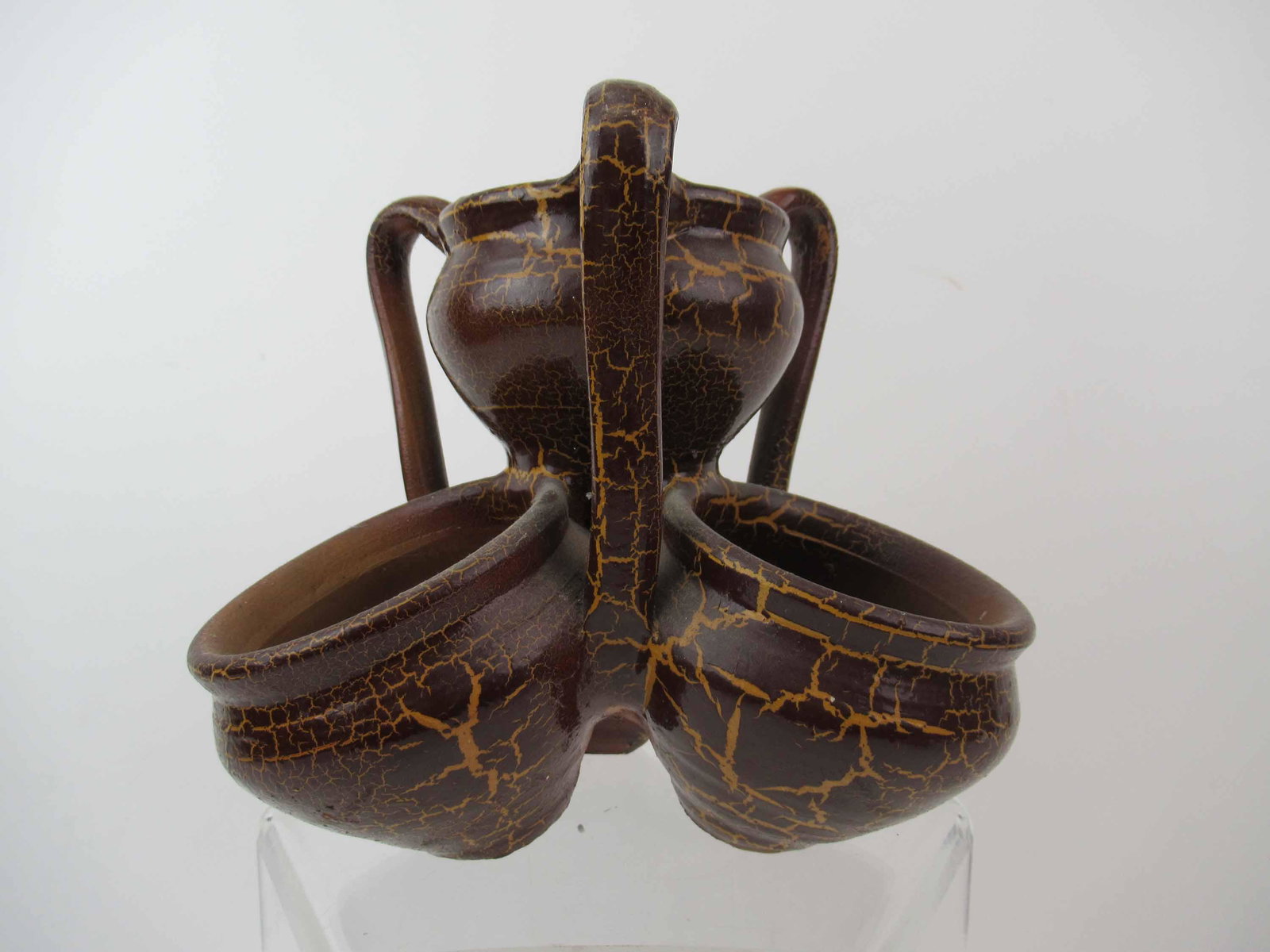 Earthenware 4 Pot Herb Planter: Earthenware 4 Pot Herb Planter with a faux crazed finish. Used condition, 8 3/4" tall x 10" wide.
