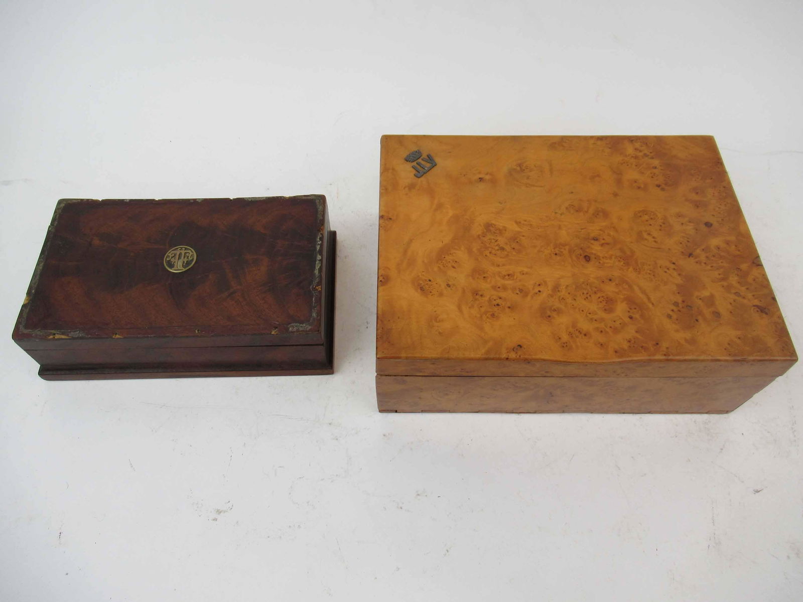 Vintage Burlwood Letter Box: Vintage Burlwood Letter Box with monogram JLV, used condition, nicks. Together with French Gustave Keller Paris Trinket box with monogram missing pieces to top. Burl box 8 3/4" x 6 1/2" x 3 1/4" tall