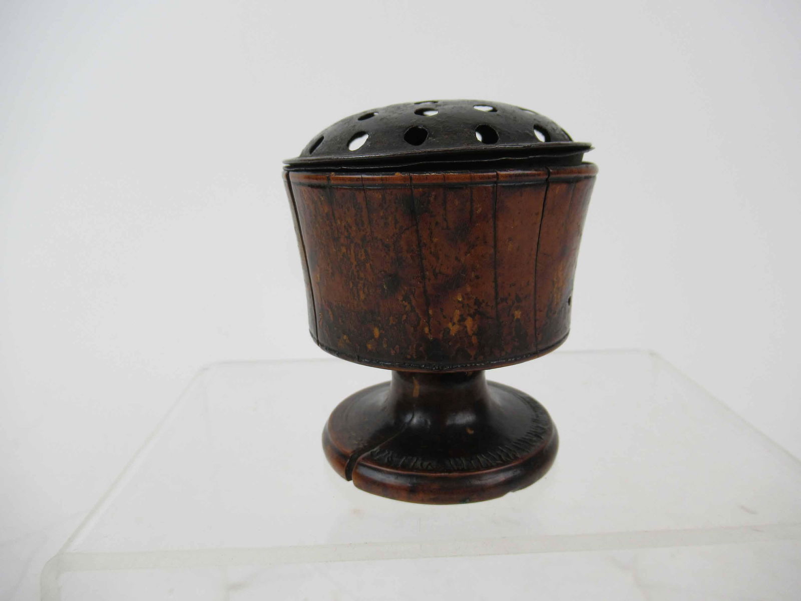 Antique Carved Wooden Caster: Antique Carved Wooden Caster with metal insert, measures 3" high, used condition, wear/worn, spits to wood, dents to metal