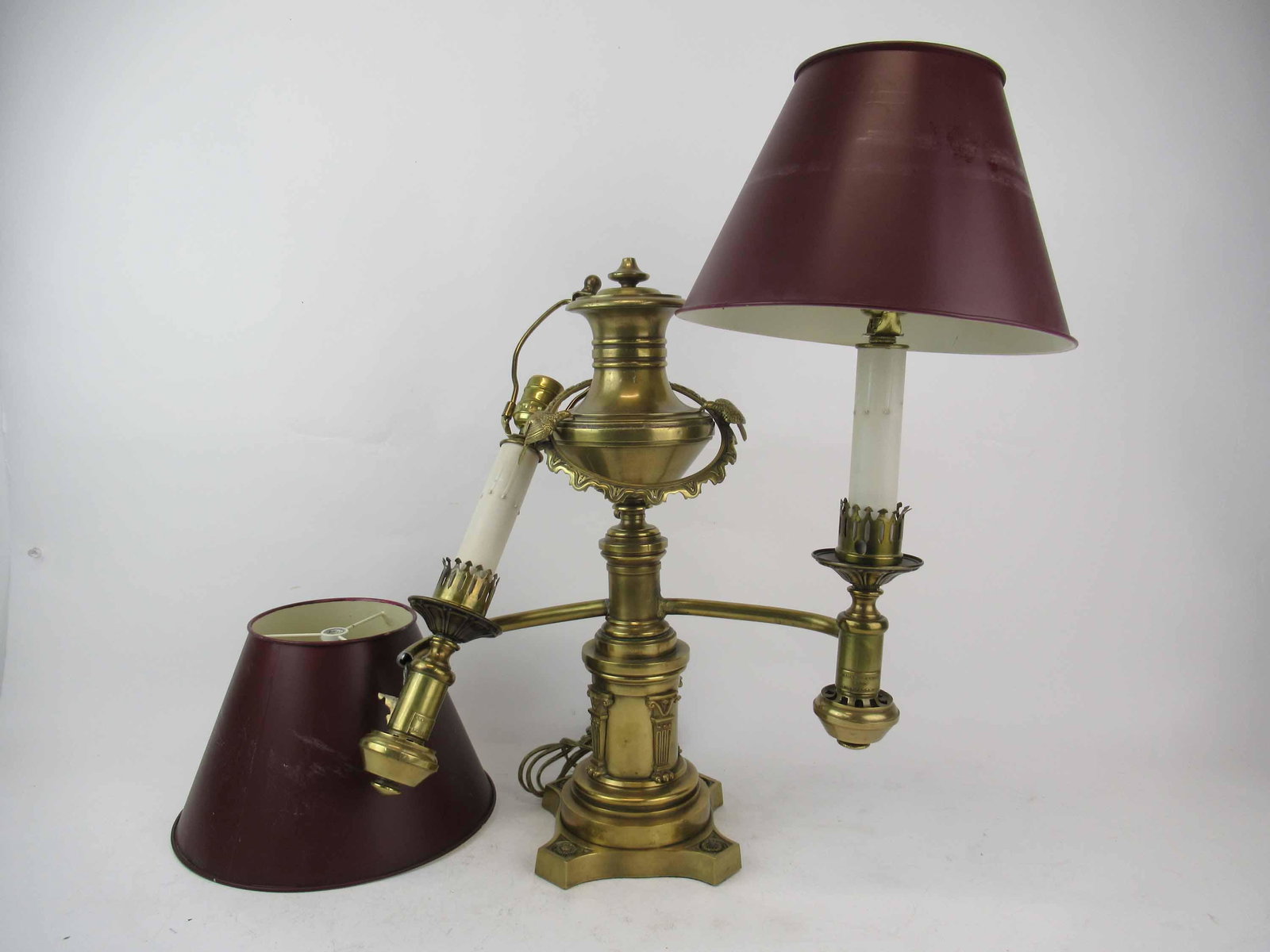 Antique Brass Bronze Argand Argon Double Light: Antique Brass Bronze Argand Argon Double Light Lamp with broken arm. Lewis Veron and Co Philadelphia. Used condition, damage to arm, repair to other arm, missing prisms. Together with a pair of burgun